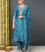 teal color printed polyester styles kurta trouser with dupatta
