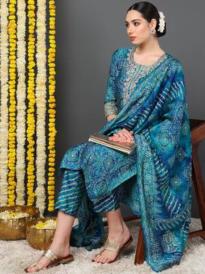 teal color printed polyester styles kurta trouser with dupatta 2