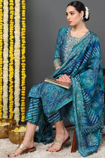 teal color printed polyester styles kurta trouser with dupatta