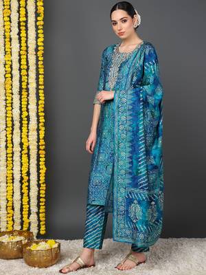 teal color printed polyester styles kurta trouser with dupatta 3