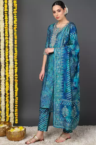 teal color printed polyester styles kurta trouser with dupatta