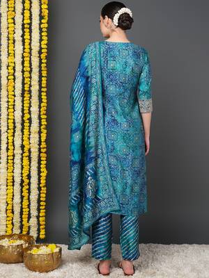 teal color printed polyester styles kurta trouser with dupatta 4