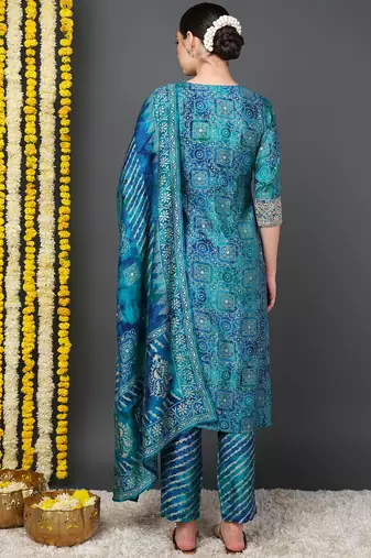 teal color printed polyester styles kurta trouser with dupatta