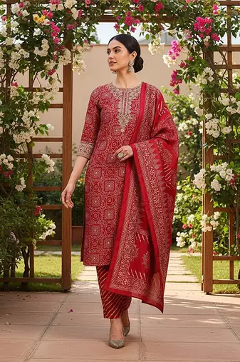maroon color printed polyester styles kurta trouser with dupatta