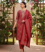 maroon color printed polyester styles kurta trouser with dupatta