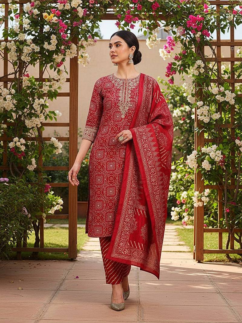 maroon color printed polyester styles kurta trouser with dupatta