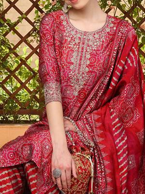 maroon color printed polyester styles kurta trouser with dupatta 2