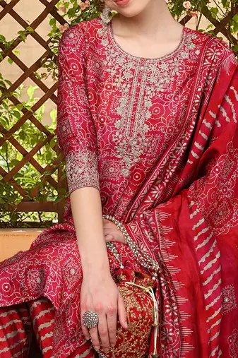 maroon color printed polyester styles kurta trouser with dupatta