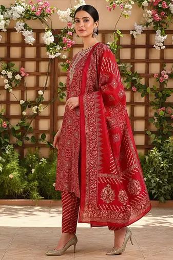 maroon color printed polyester styles kurta trouser with dupatta