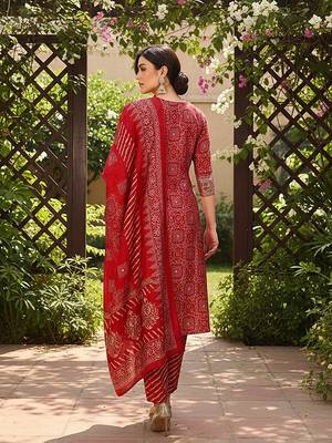 maroon color printed polyester styles kurta trouser with dupatta 4