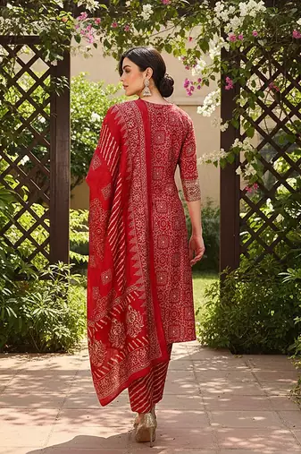 maroon color printed polyester styles kurta trouser with dupatta