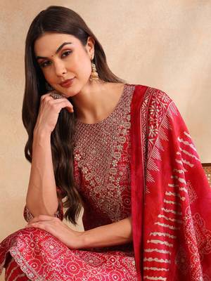 maroon color printed polyester styles kurta trouser with dupatta 1