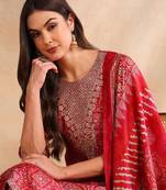 maroon color printed polyester styles kurta trouser with dupatta