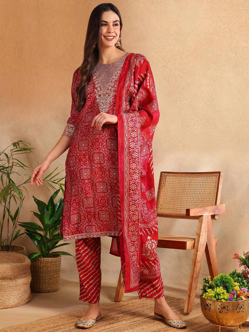 maroon color printed polyester styles kurta trouser with dupatta