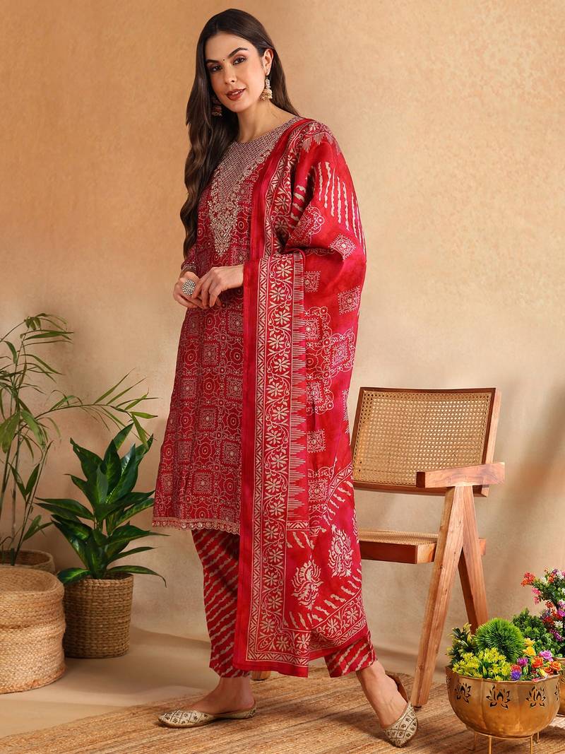 maroon color printed polyester styles kurta trouser with dupatta