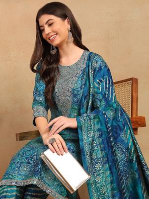 teal color printed polyester styles kurta trouser with dupatta 2