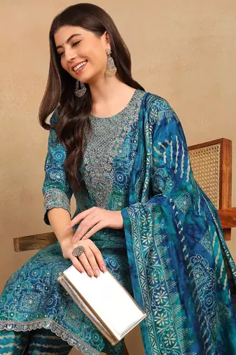 teal color printed polyester styles kurta trouser with dupatta