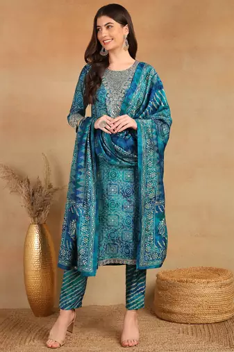 teal color printed polyester styles kurta trouser with dupatta