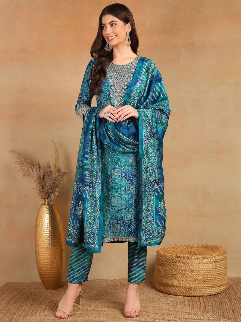 teal color printed polyester styles kurta trouser with dupatta
