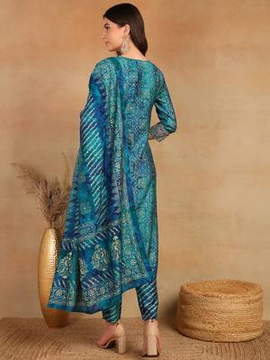 teal color printed polyester styles kurta trouser with dupatta 4