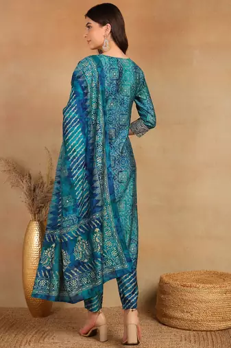teal color printed polyester styles kurta trouser with dupatta