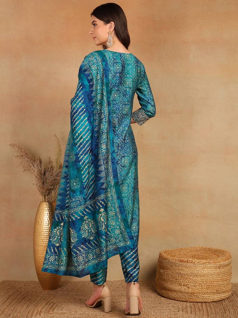 teal color printed polyester styles kurta trouser with dupatta