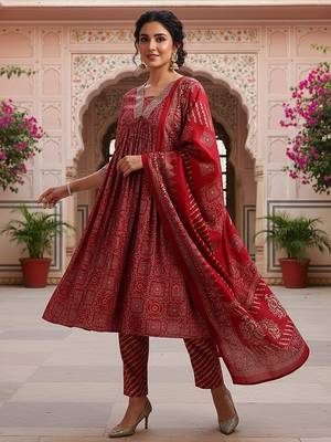 maroon color printed polyester styles kurta trouser with dupatta 1