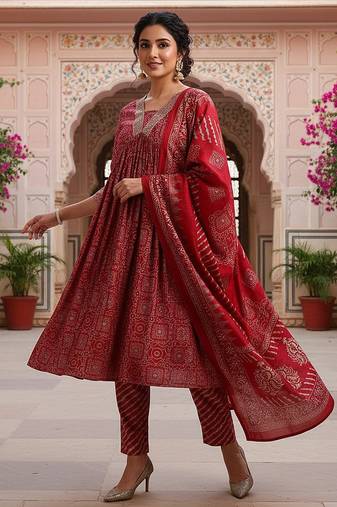 maroon color printed polyester styles kurta trouser with dupatta