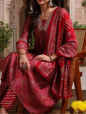 maroon color printed polyester styles kurta trouser with dupatta 2