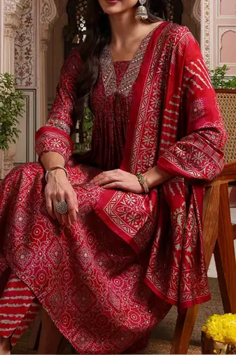 maroon color printed polyester styles kurta trouser with dupatta