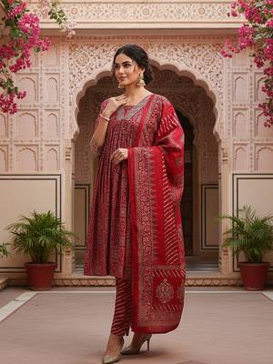 maroon color printed polyester styles kurta trouser with dupatta 3