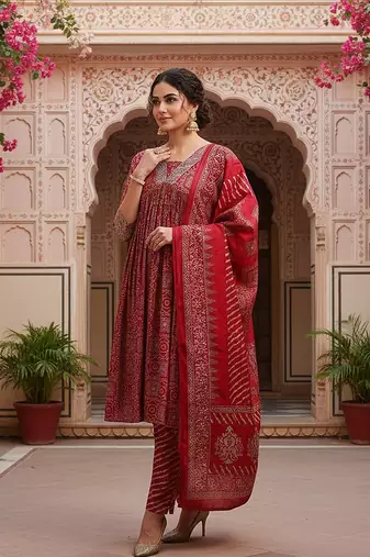 maroon color printed polyester styles kurta trouser with dupatta