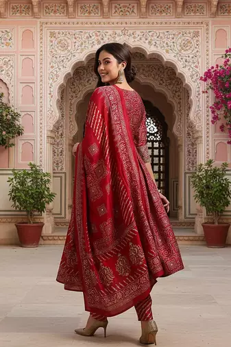 maroon color printed polyester styles kurta trouser with dupatta