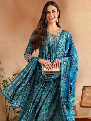 teal color printed polyester styles kurta trouser with dupatta 1