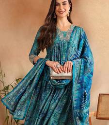 teal color printed polyester styles kurta trouser with dupatta