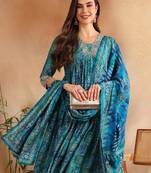 teal color printed polyester styles kurta trouser with dupatta