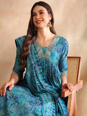 teal color printed polyester styles kurta trouser with dupatta 2