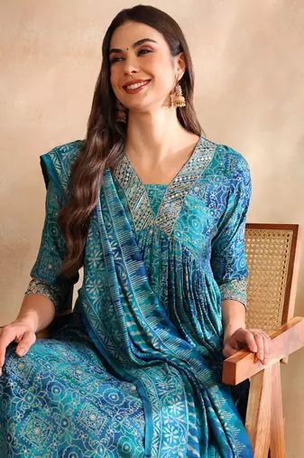 teal color printed polyester styles kurta trouser with dupatta