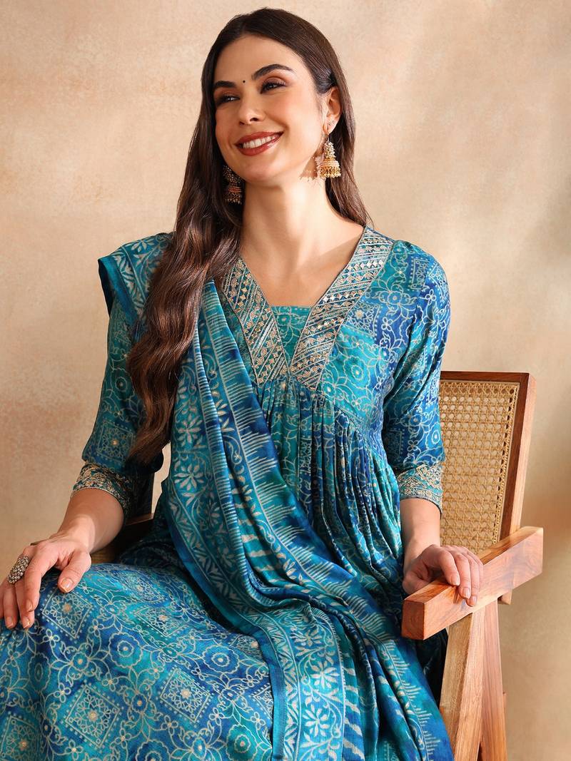 teal color printed polyester styles kurta trouser with dupatta