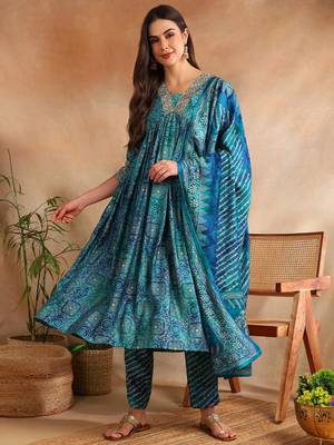teal color printed polyester styles kurta trouser with dupatta 3
