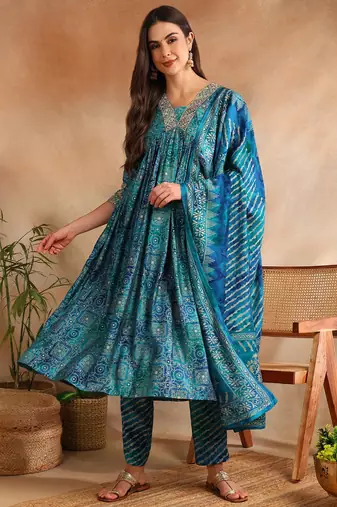 teal color printed polyester styles kurta trouser with dupatta