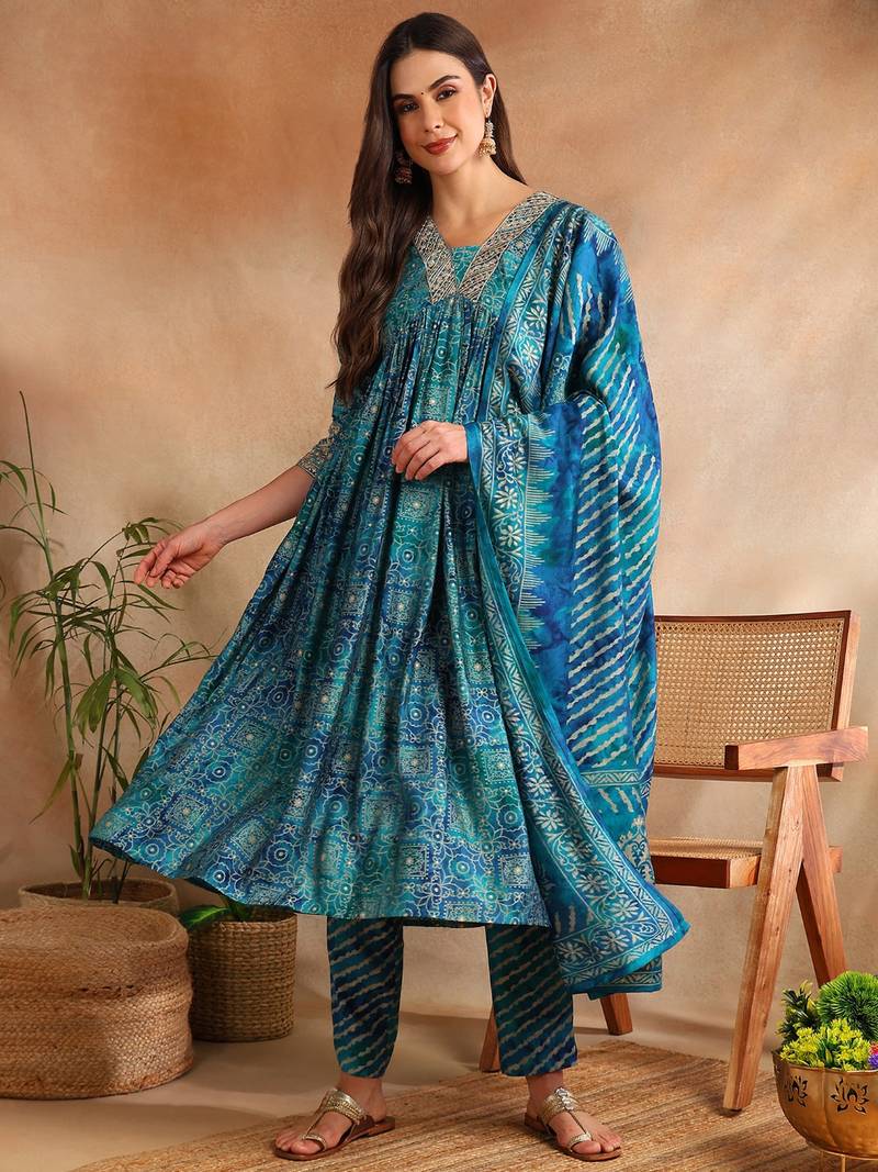 teal color printed polyester styles kurta trouser with dupatta