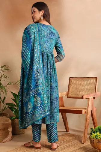 teal color printed polyester styles kurta trouser with dupatta
