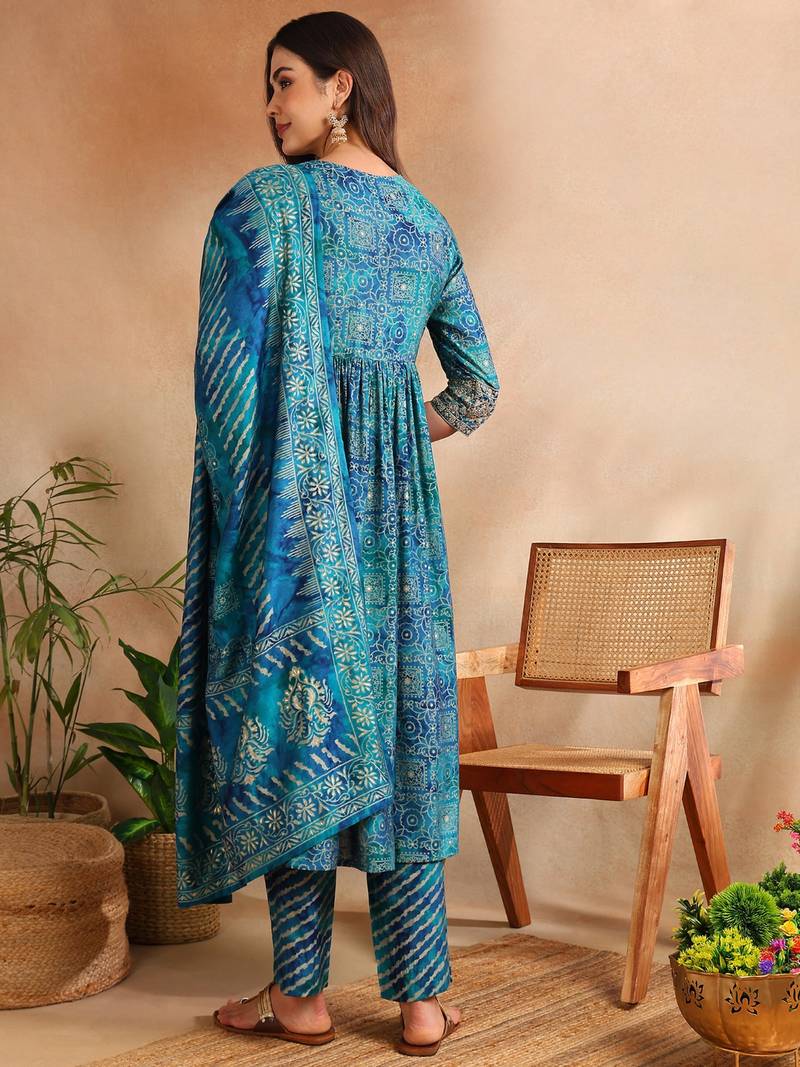 teal color printed polyester styles kurta trouser with dupatta