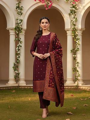 burgundy color woven design poly chanderi styles kurta trouser with dupatta 1