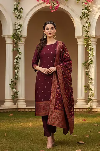 burgundy color woven design poly chanderi styles kurta trouser with dupatta