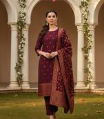 burgundy color woven design poly chanderi styles kurta trouser with dupatta
