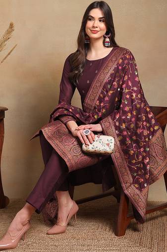 burgundy color woven design poly chanderi styles kurta trouser with dupatta