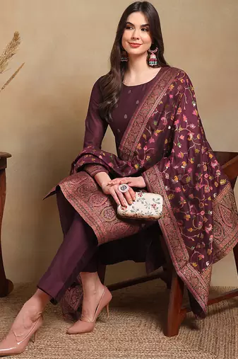 burgundy color woven design poly chanderi styles kurta trouser with dupatta