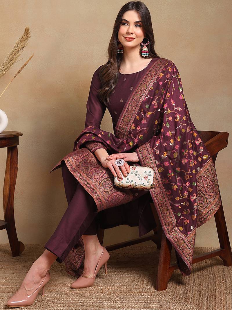 burgundy color woven design poly chanderi styles kurta trouser with dupatta
